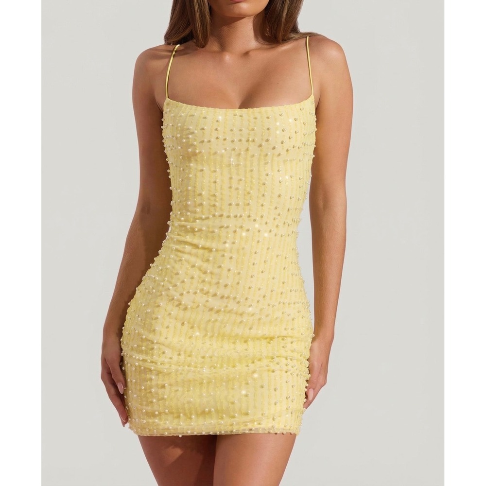 Oh Polly Yellow Pearl Sequin Mesh Mini Dress Spaghetti Strap Bodycon US 2 new - Picture 2 of 9